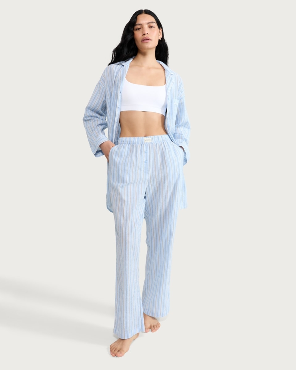 image 1 of F&F Pure Cotton Textured Striped Wide Leg Pyjama Bottoms in Multi Blue