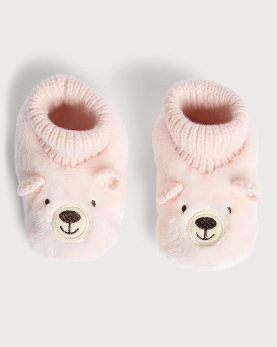 image 1 of F&F Baby Fleece Bear Face Ribbed Booties in Pink