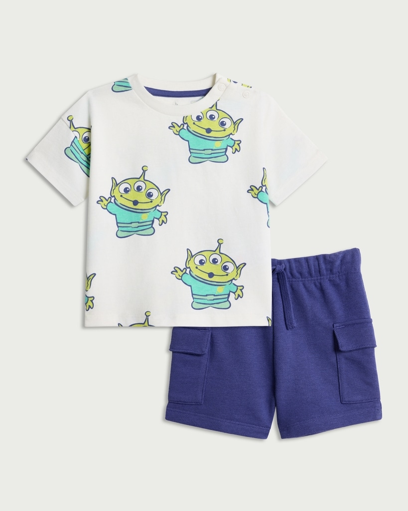 Disney Toy Story 2-Piece Alien Print T-Shirt and Cargo Shorts Set in White