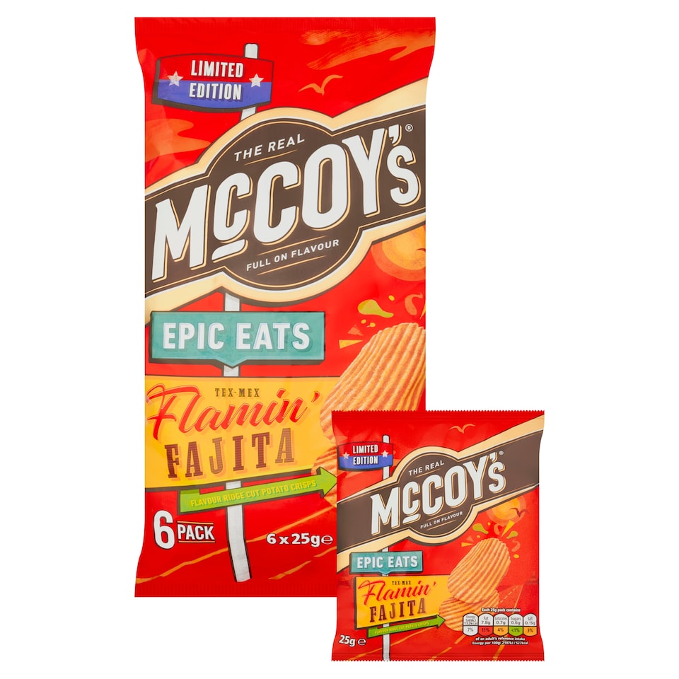 image 1 of McCoy's Epic Eats Tex Mex Flamin' Fajita Flavour Ridge Cut Potato Crisps 6 x 25g