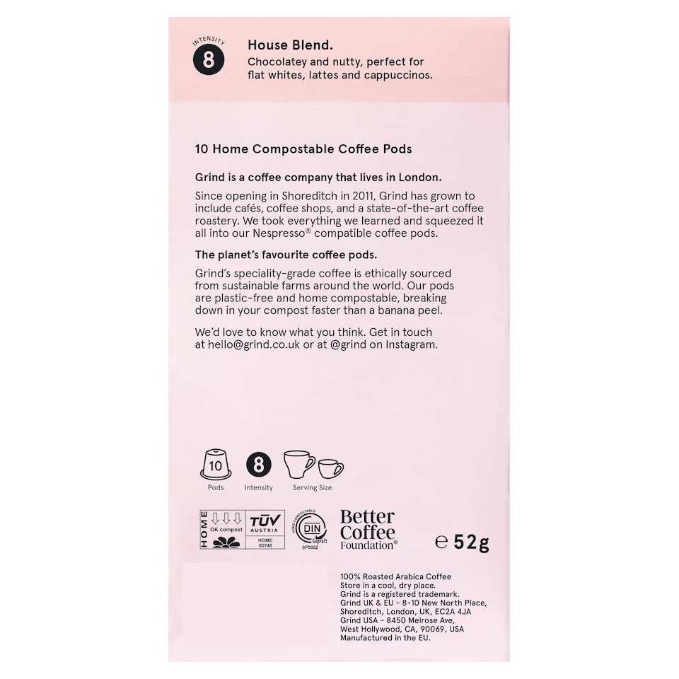 image 1 of Grind House Blend Coffee Pods Biodegradable & Sustainable 10 Pack 52g