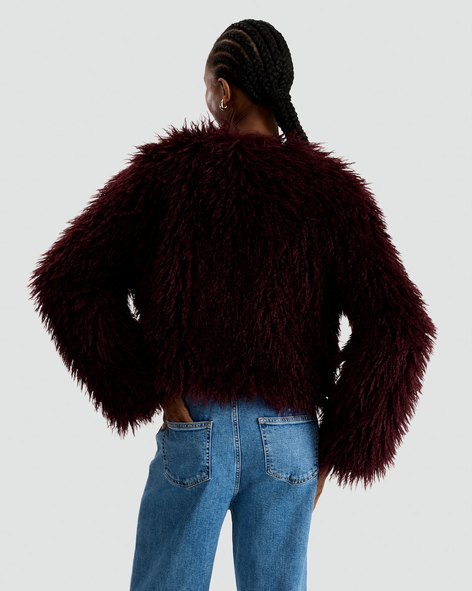 image 1 of The F&F Edit Faux Fur Cropped Jacket in Burgundy