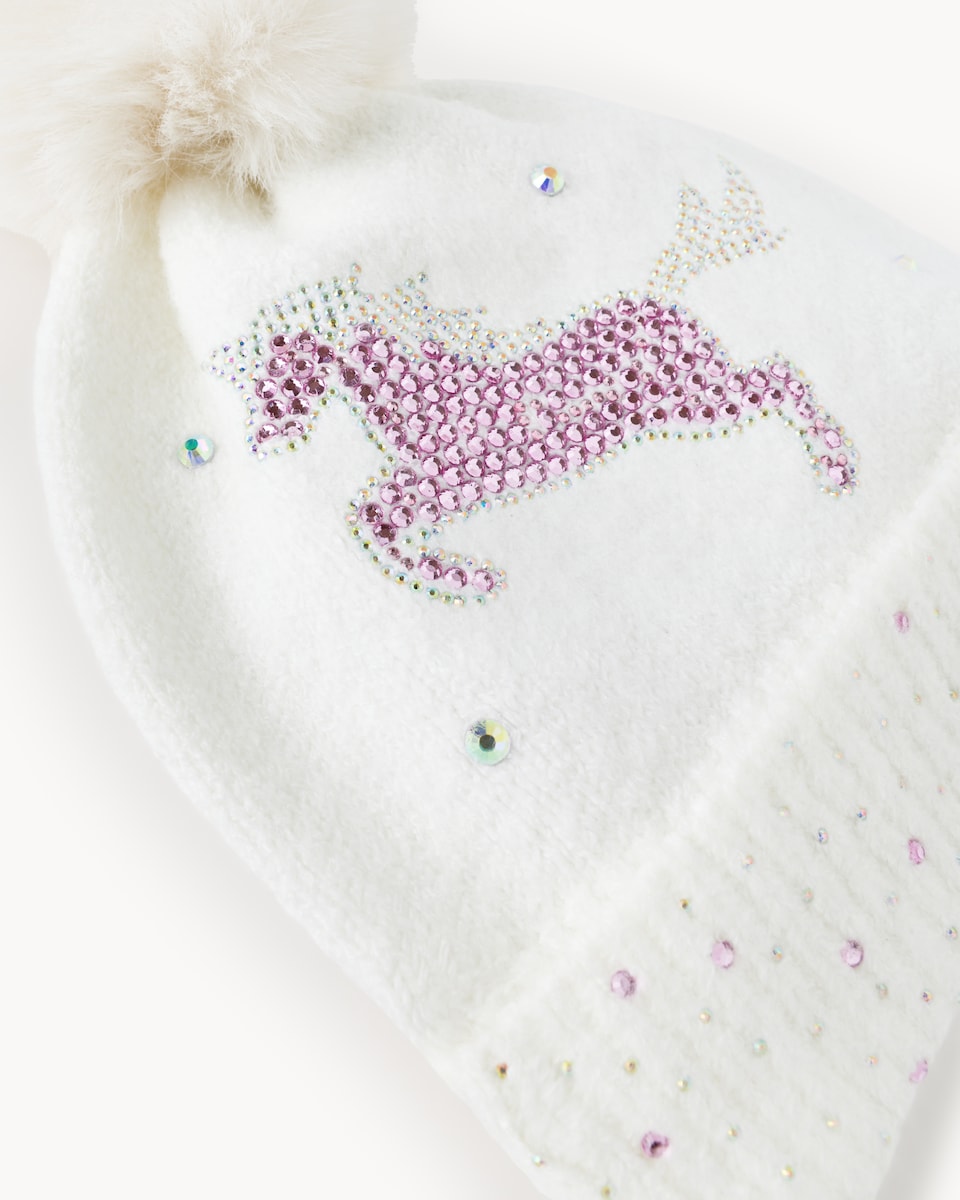 image 1 of F&F Girls Unicorn Embellished Beanie in Cream