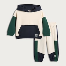F&F Boys 2-Piece Cotton Rich Colour Block Hoodie and Joggers Set in Cream