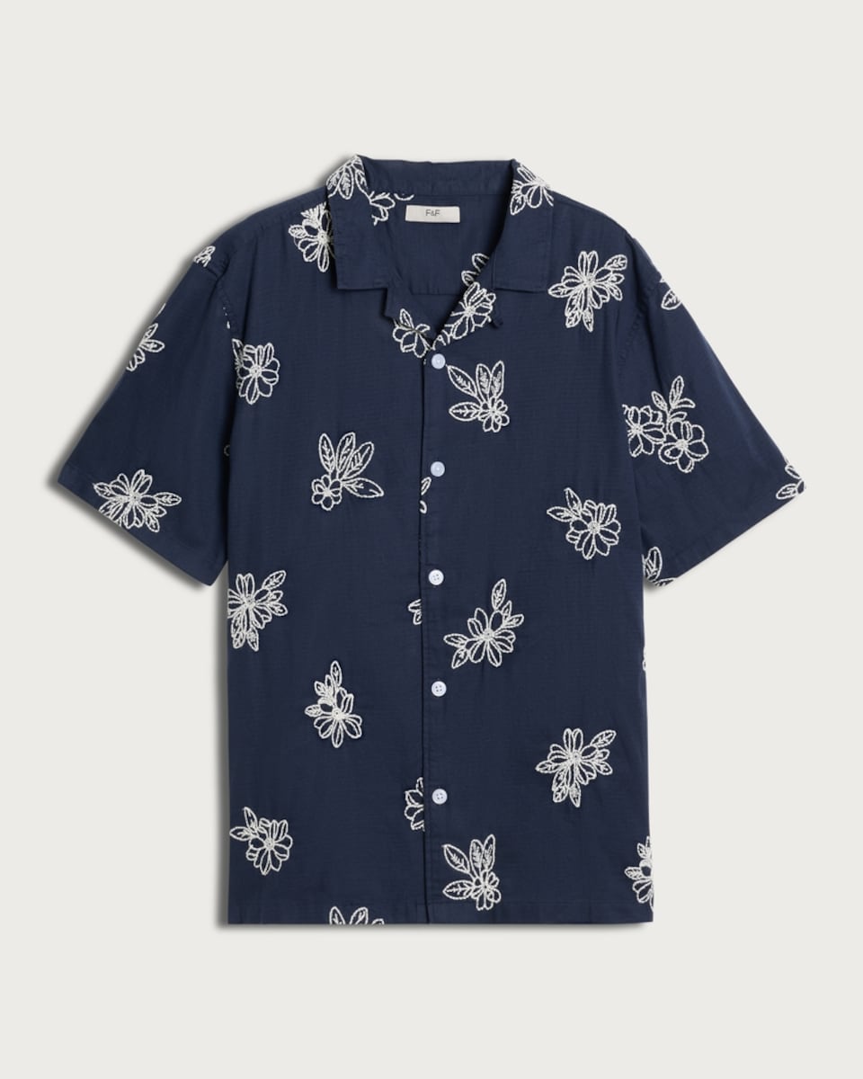 image 1 of The F&F Edit Cotton Rich Floral Embroidered Short Sleeved Shirt in Navy