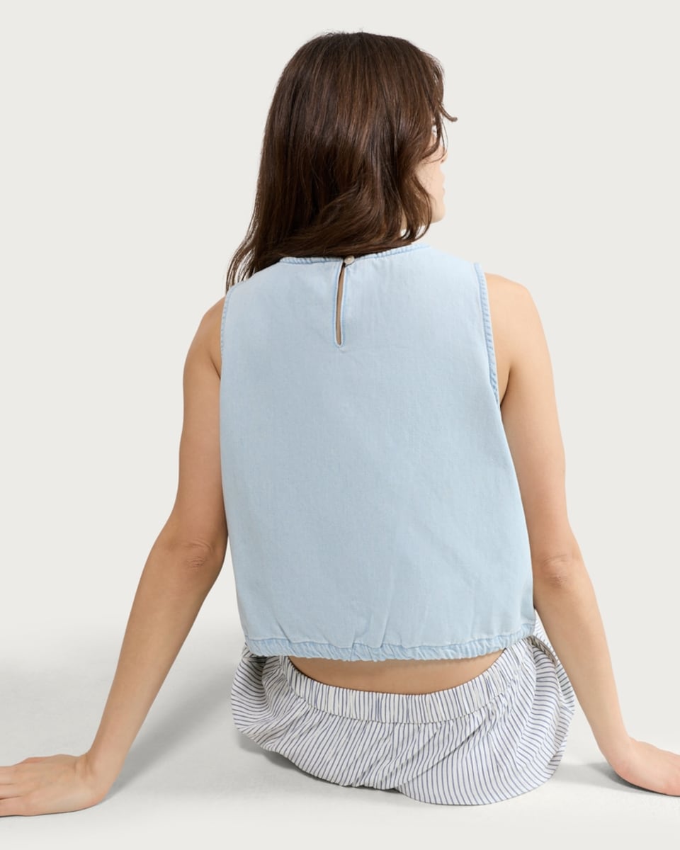 image 1 of F&F Cotton Rich Bubble Hem Sleeveless Crop Top in Blue