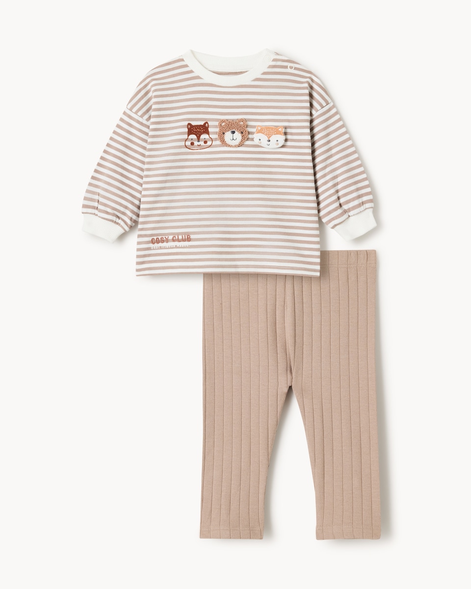 image 1 of F&F Baby Woodland Top and Ribbed Leggings Set in Neutral