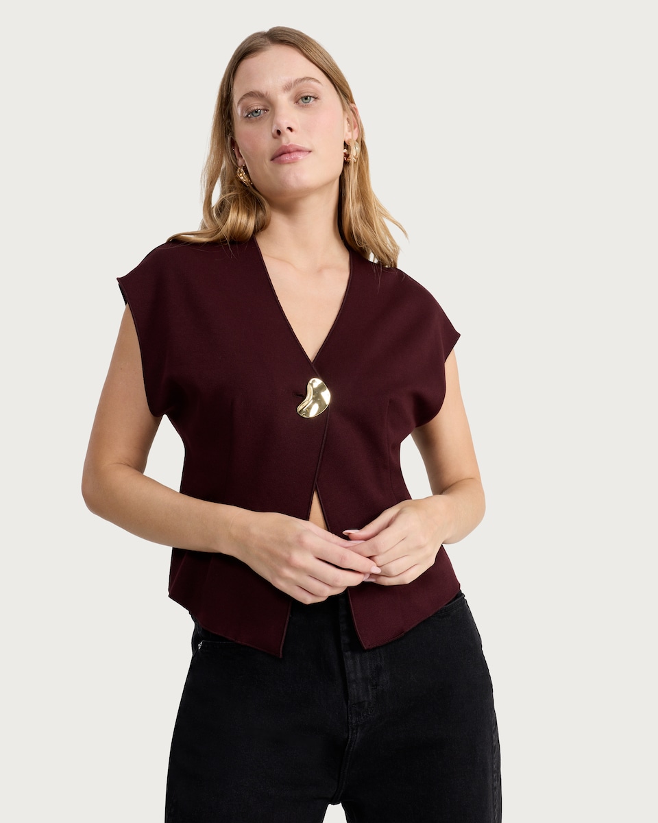 image 1 of F&F V Neck Metal Accent Top in Mink