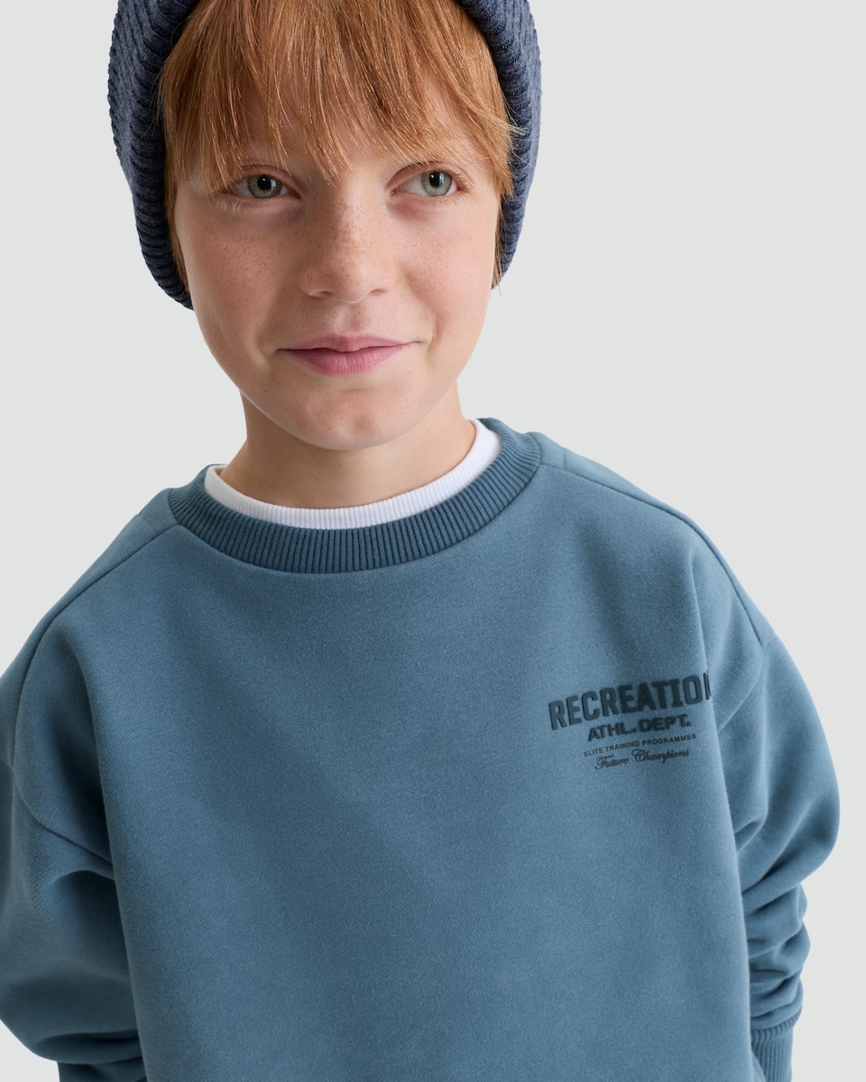 image 1 of F&F Active Cotton Rich Athl. Dept. Slogan Sweatshirt in Blue
