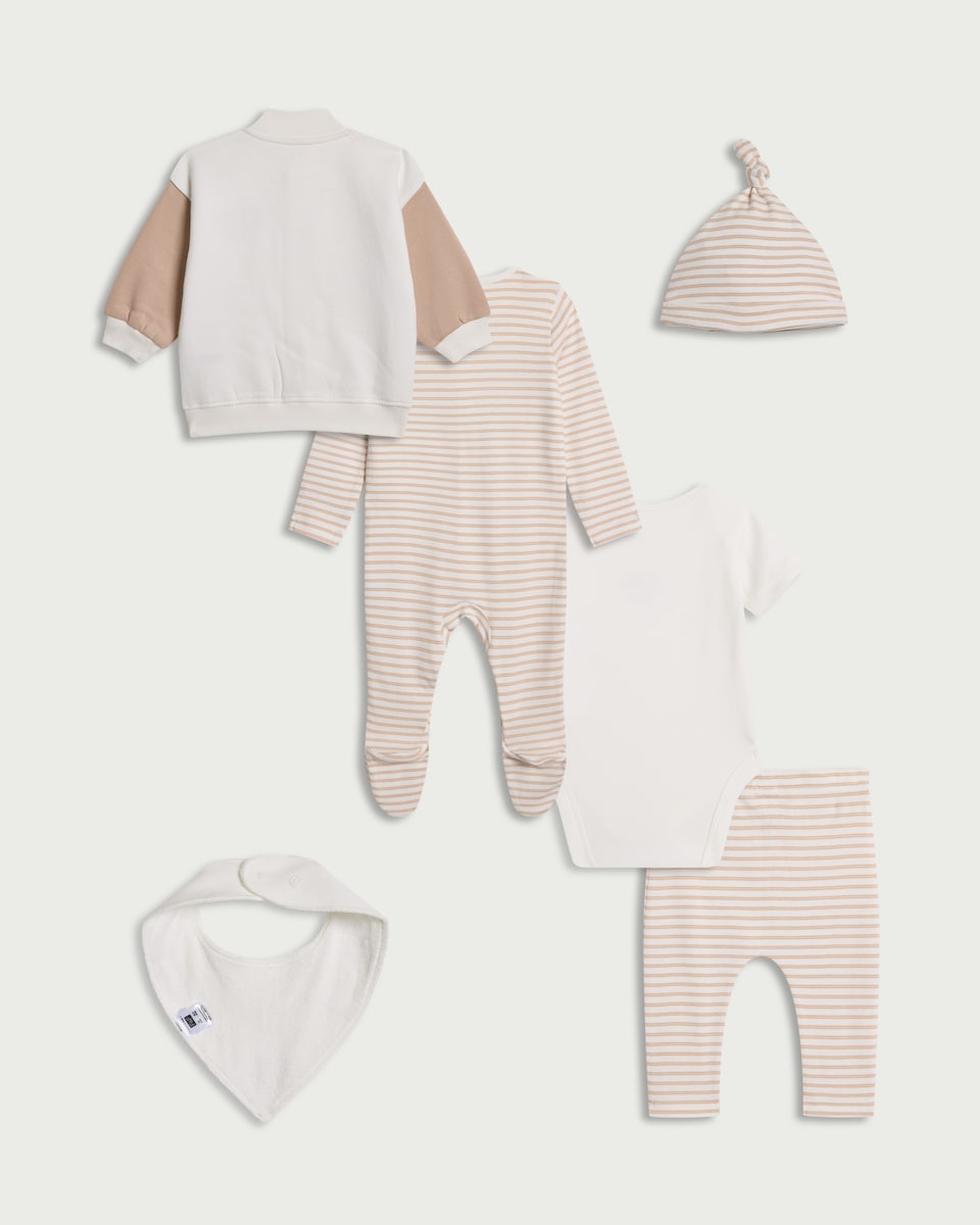image 1 of F&F Baby 7-Piece Cotton Rich Striped Set in Med Nude