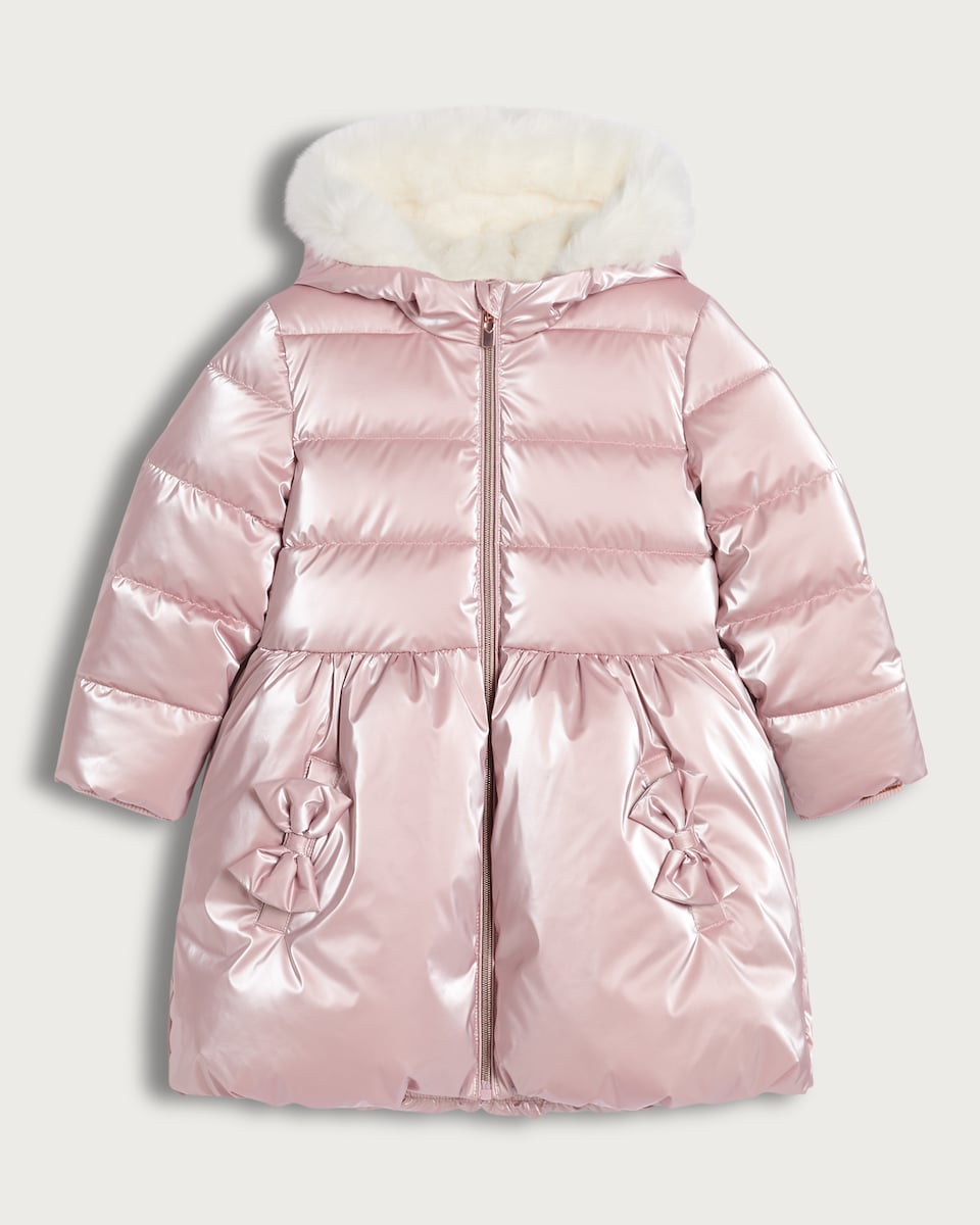 F&F Girls Faux Fur Hood Bow Detail Longline Puffer Coat in Pink