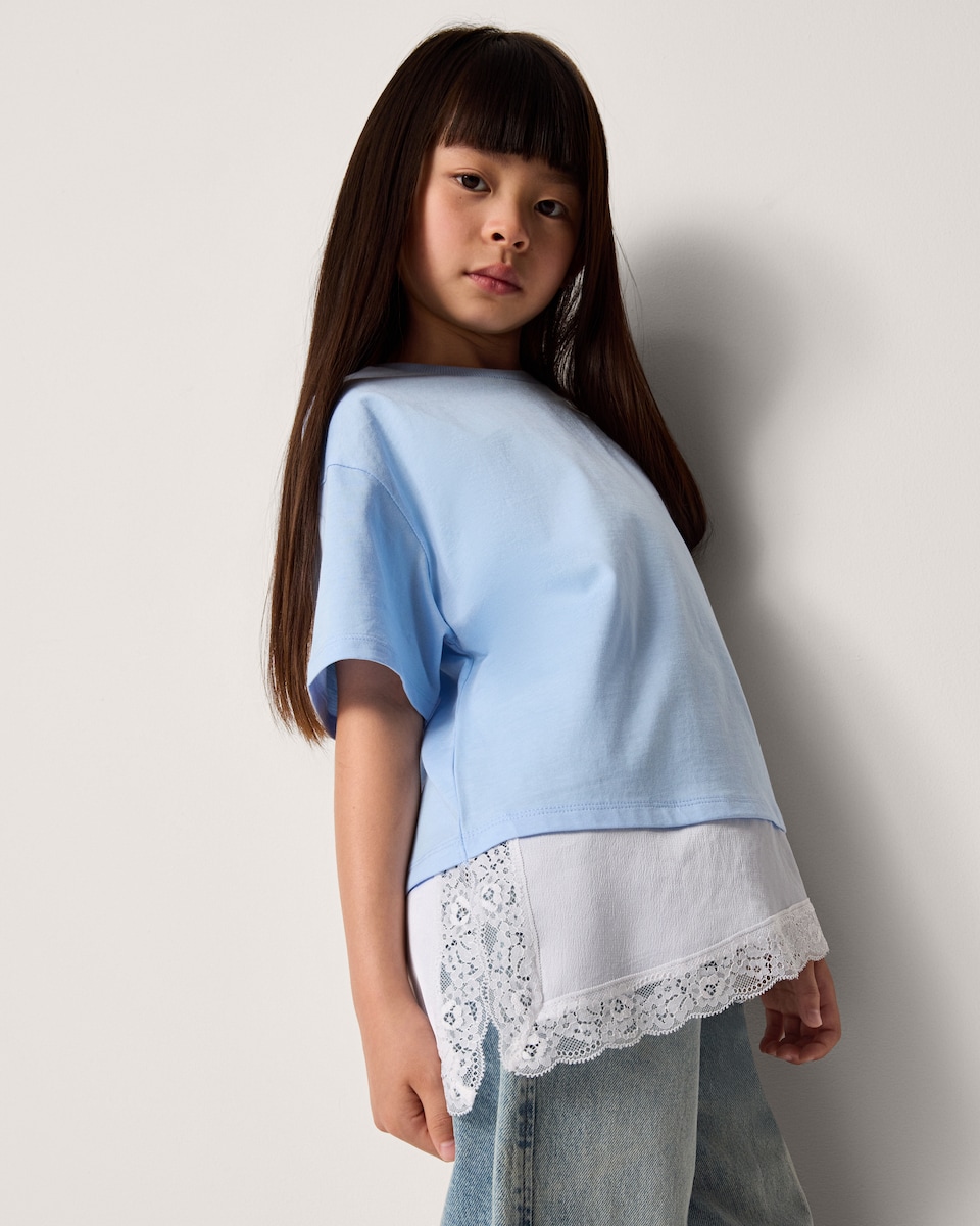 image 1 of F&F Girls Pure Cotton Lace Hem T-Shirt in Blue