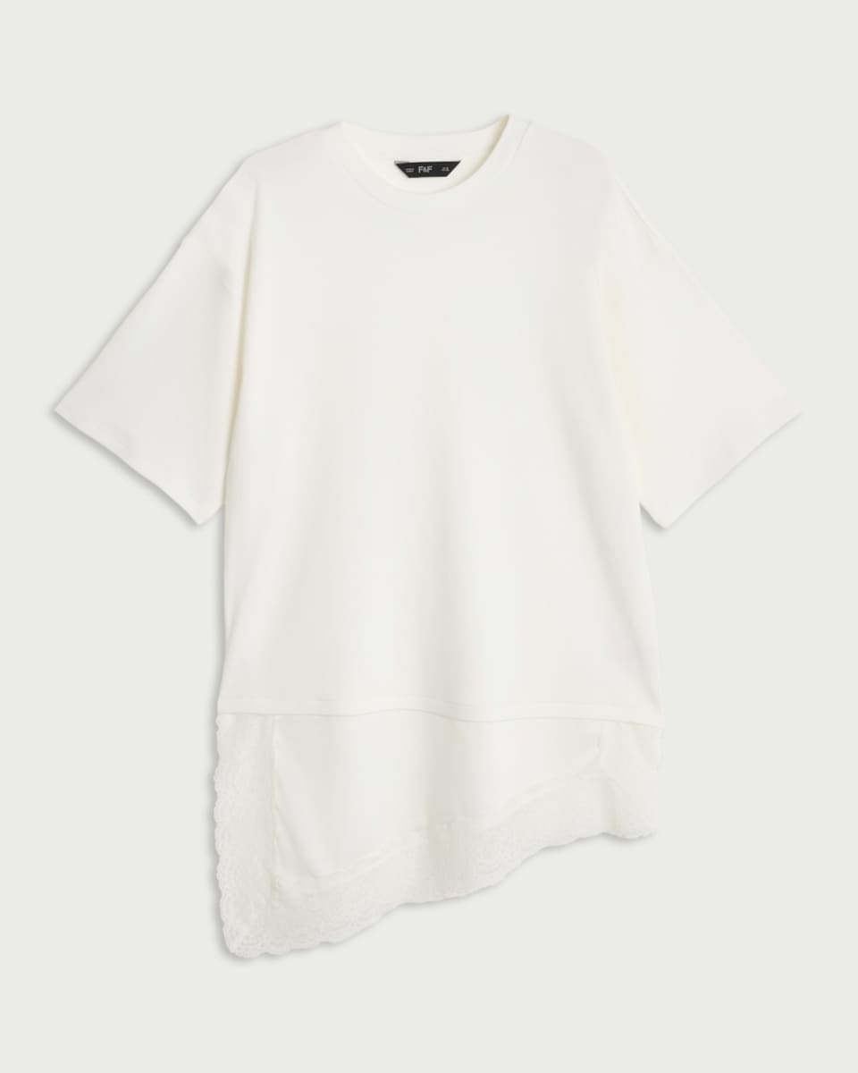 image 1 of F&F Pure Cotton T-Shirt with Lace Hem in White