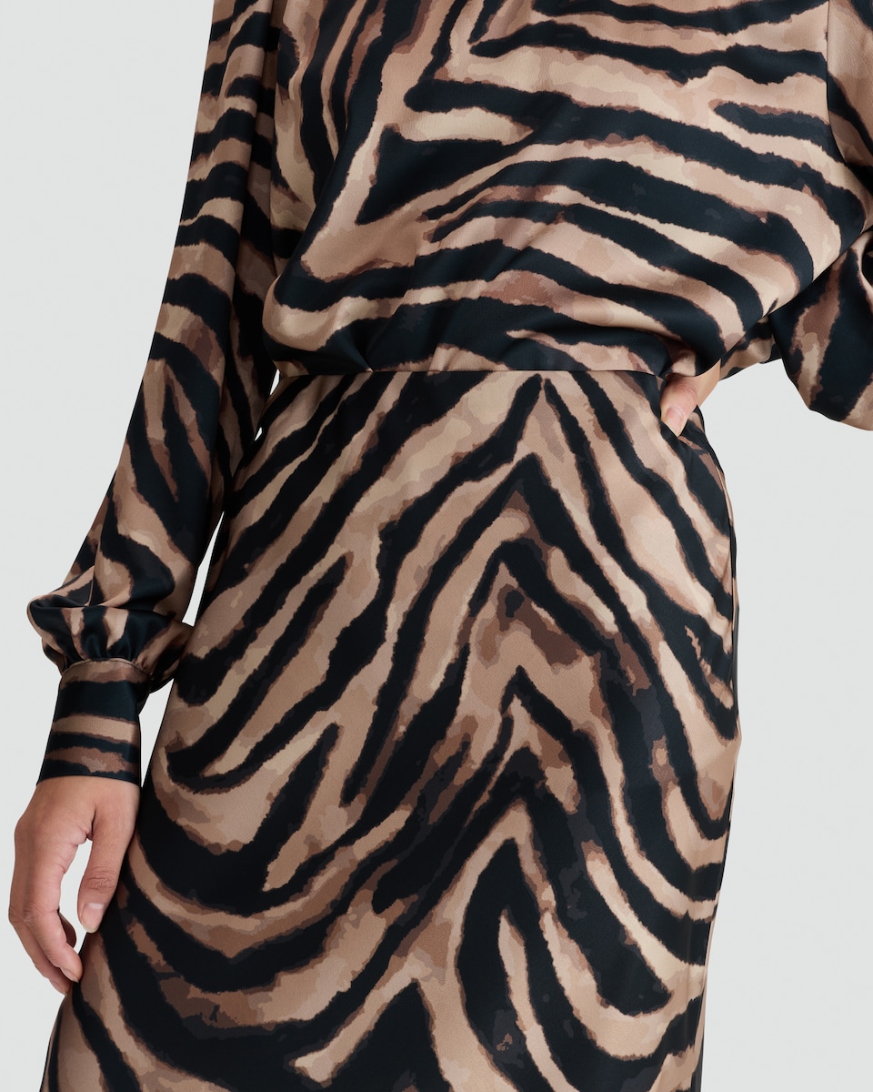 image 1 of F&F Satin Zebra Print Midi Skirt in Multi Brown
