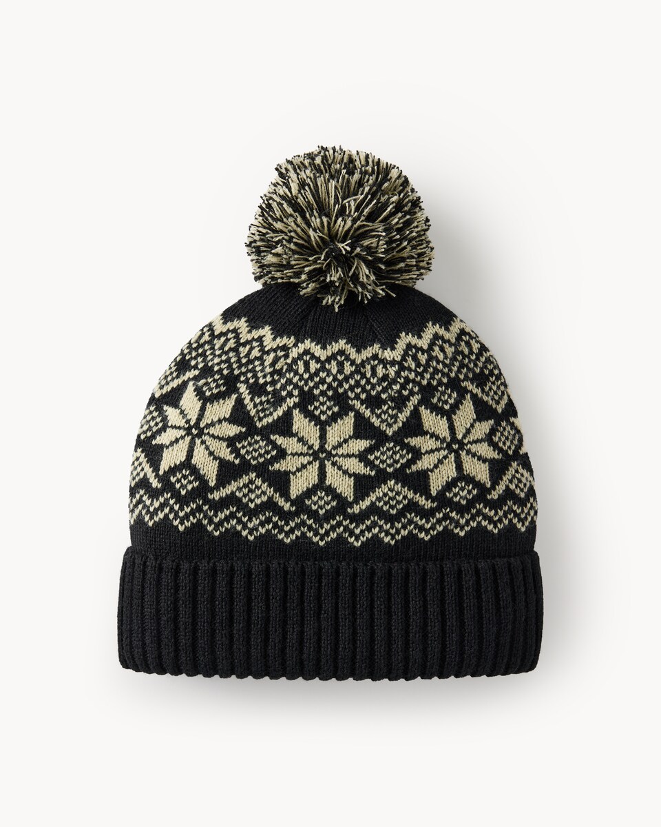 image 1 of F&F Snowflake Fair Isle Pom Pom Hat in Black