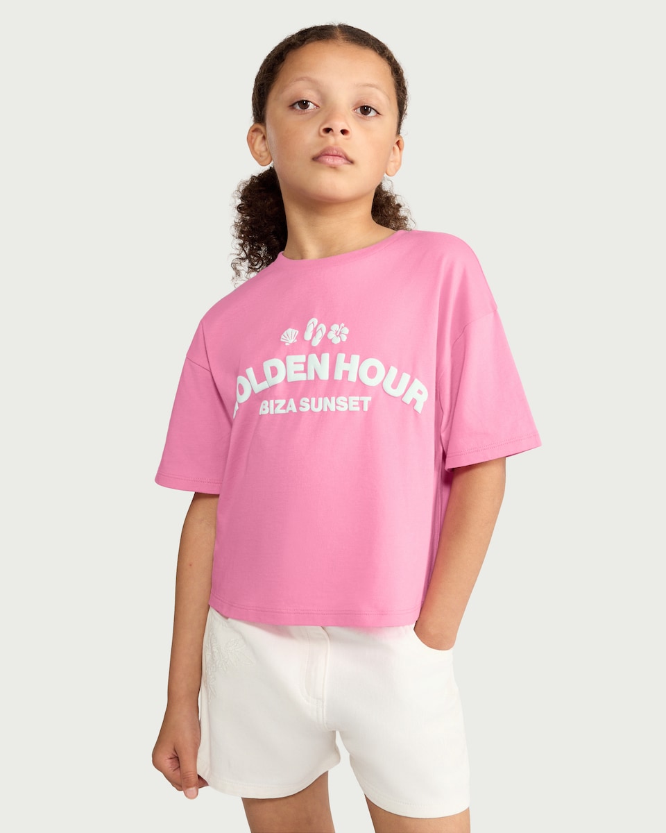 image 1 of F&F Girls Golden Hour Ibiza Sunset Slogan T-Shirt in Pink