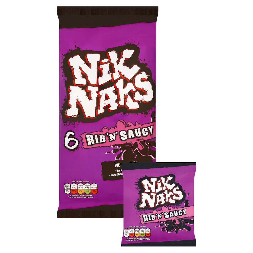 image 1 of Nik Naks Rib & Saucy Corn Snacks 6X20g