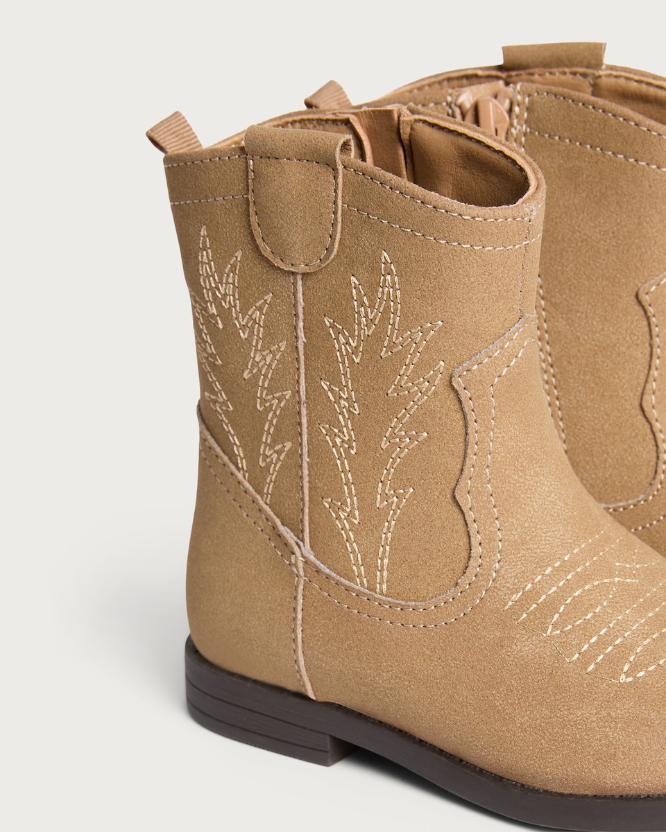 image 1 of F&F Girls Western Stitch Detail Ankle Boots in Neutral