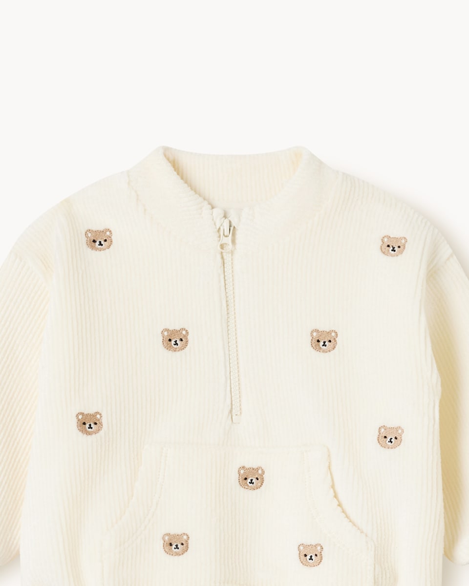 image 1 of F&F Baby Cotton Rich Bear Embroidered Half Zip and Joggers Set in Neutral