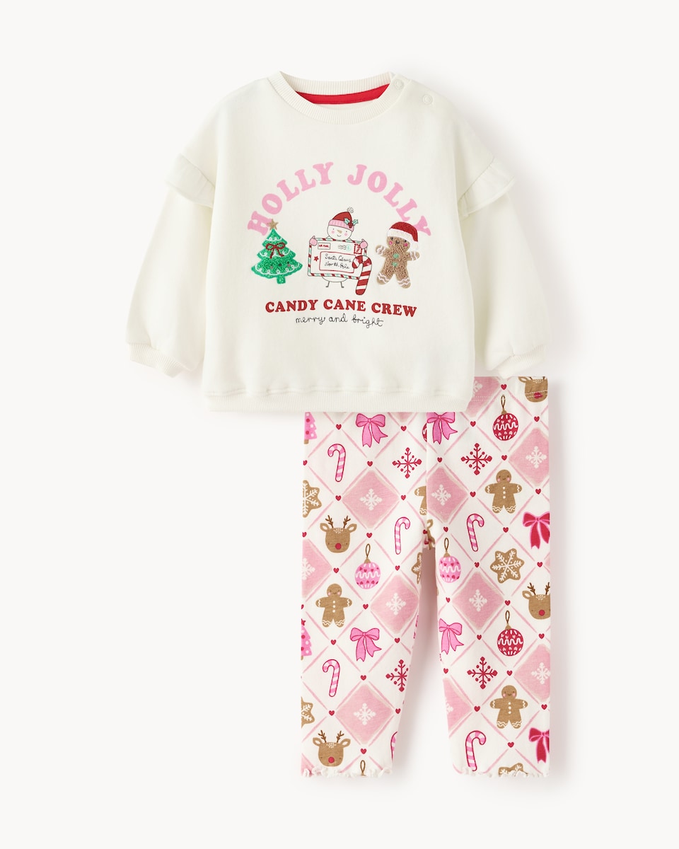 image 1 of Christmas Baby Cotton Rich Sweatshirt and Leggings Set in Pink