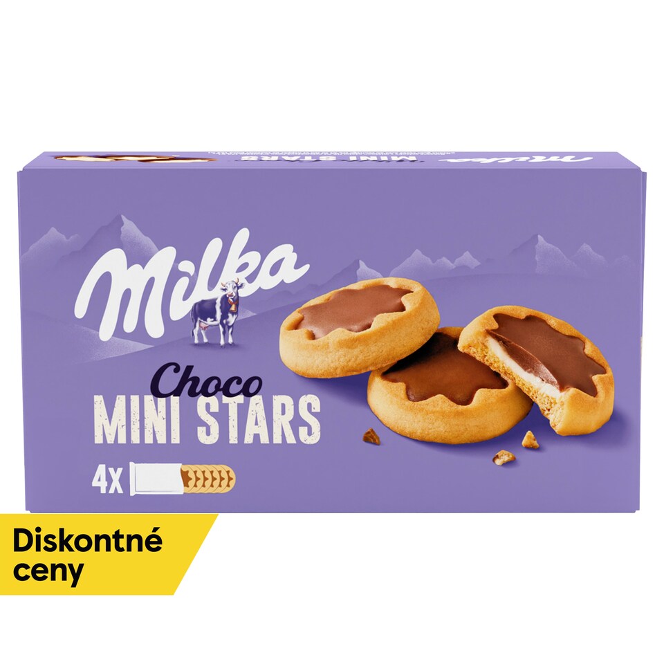 Milka Choco Mini Stars sušienky s mliečnou náplňou a čokoládou z alpského mlieka 150 g