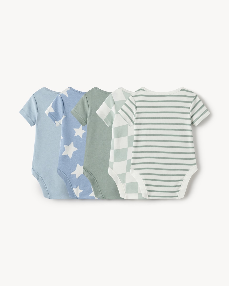 image 1 of F&F 5-Pack Pure Cotton Printed Short Sleeved Bodysuits in Blue