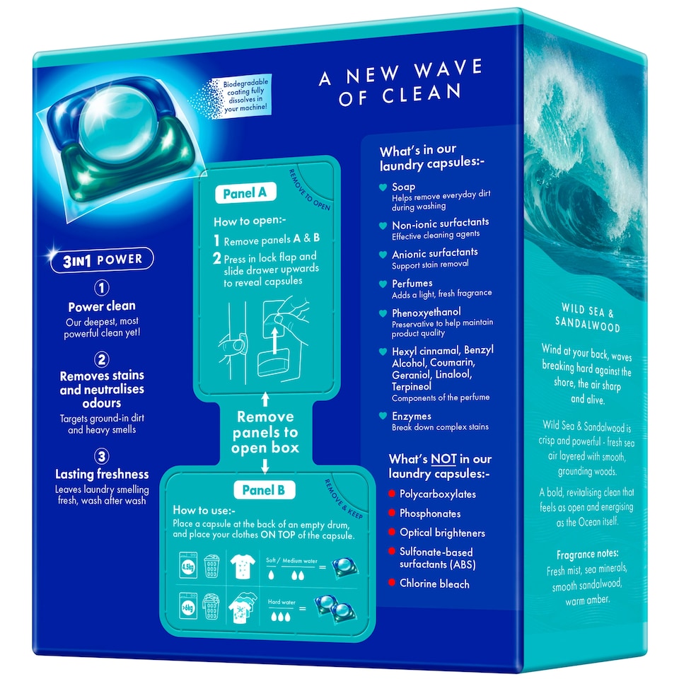 image 1 of OceanSaver Plastic Free 30 Deep Clean Washing Capsules Wild Sea & Sandalwood 420ml 