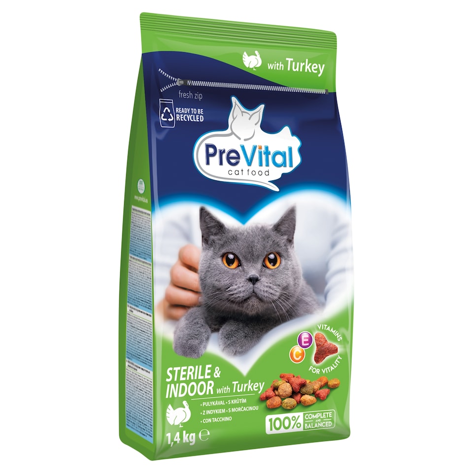 PreVital Dry Cat Food, Kibble for Sterile, Indoor Cats with Turkey 1,4 kg