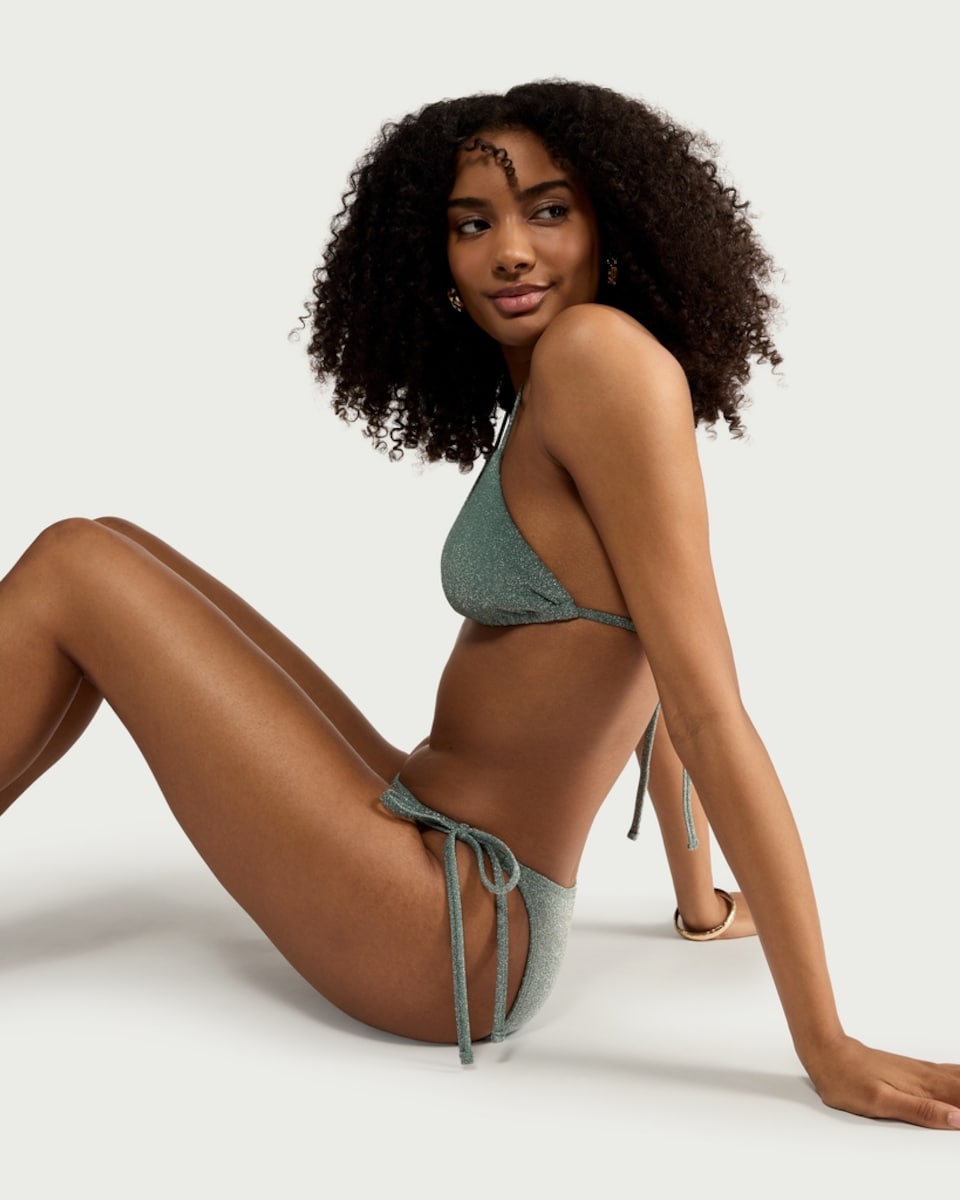 image 1 of F&F Metallic Ring Halter Neck Bikini Top in Green