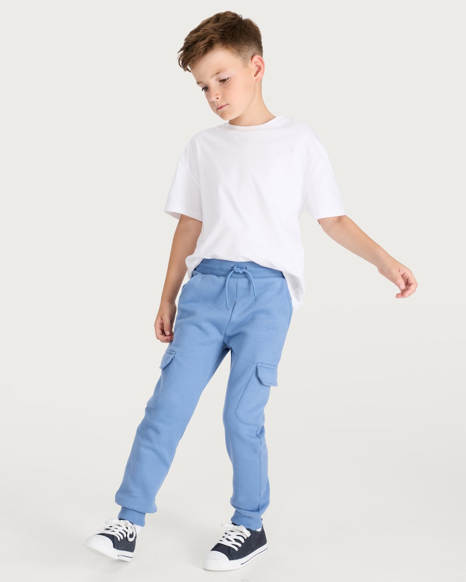 image 1 of F&F Boys Cotton Rich Cuffed Drawstring Cargo Joggers in Blue