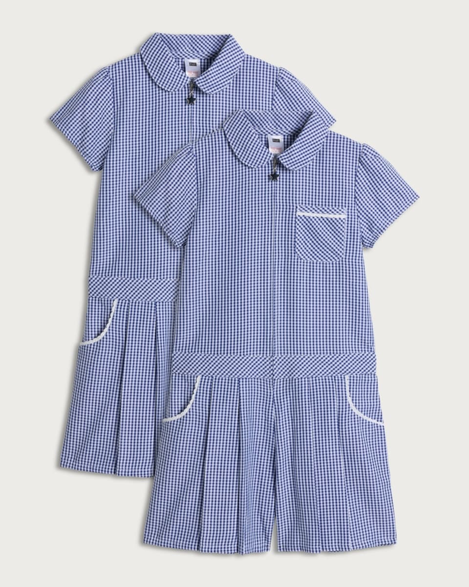 F&F School Girls 2-Pack Gingham Short Sleeved Playsuits in Navy