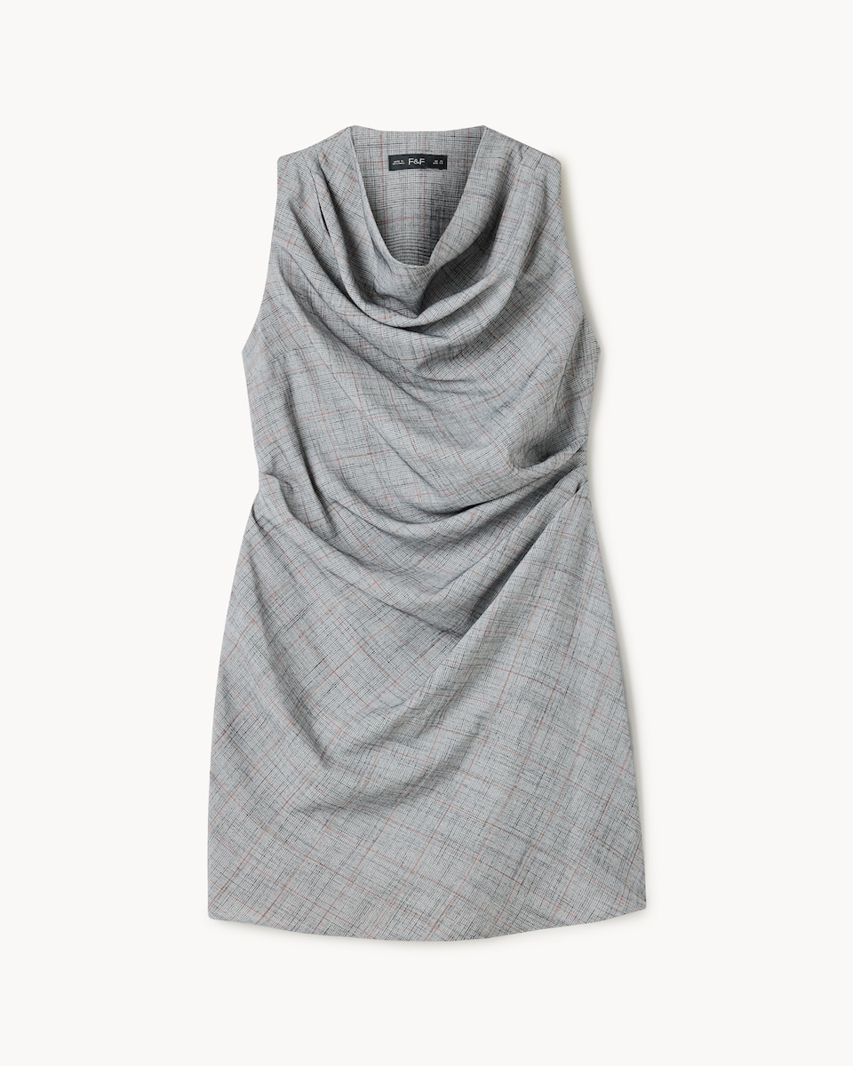 image 1 of F&F Check Cowl Neck Mini Dress in Grey