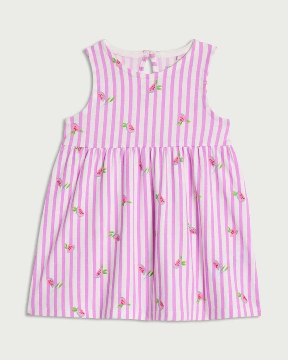 image 1 of F&F Baby Pure Cotton Striped Watermelon Print Sleeveless Dress in Purple