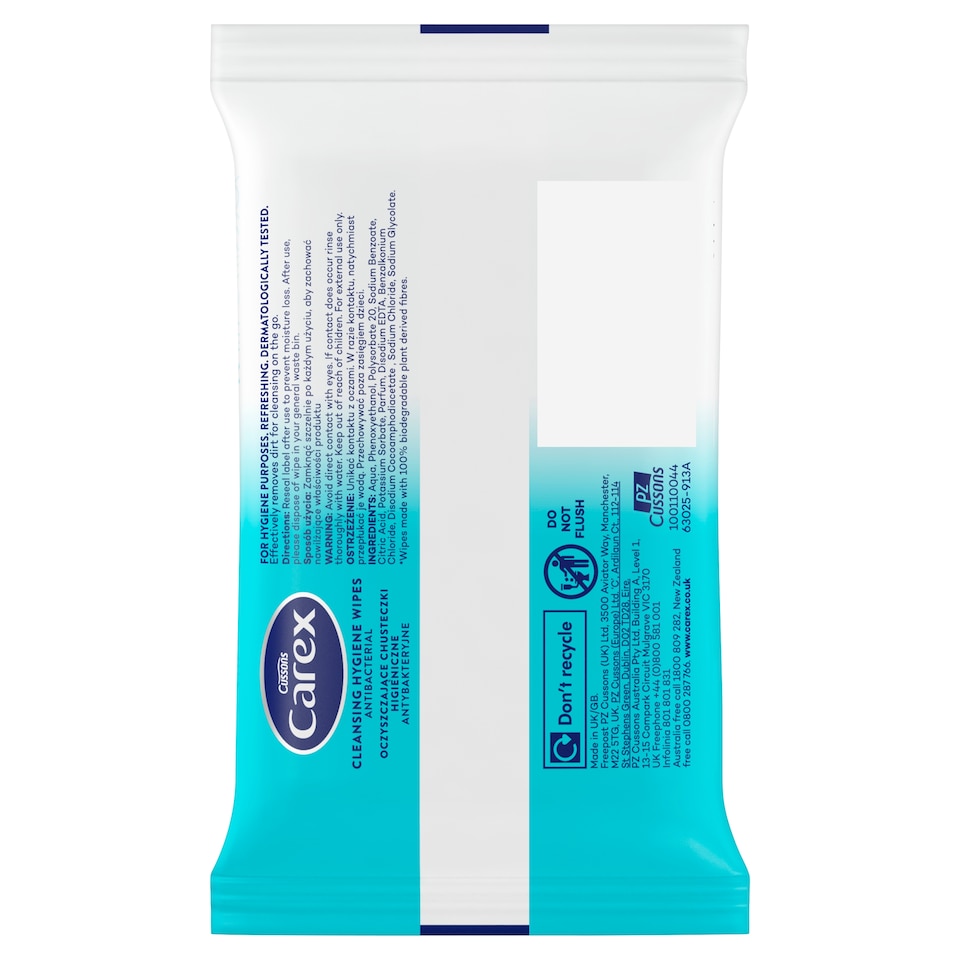 image 1 of Carex Antibacterial Cleansing Hygiene Wipes 15 Pack