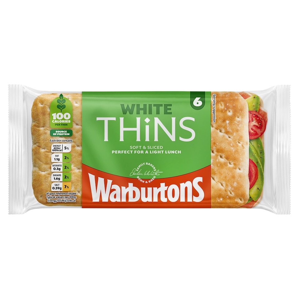 image 1 of Warburtons White Sandwich Bread Thins 6 Pack