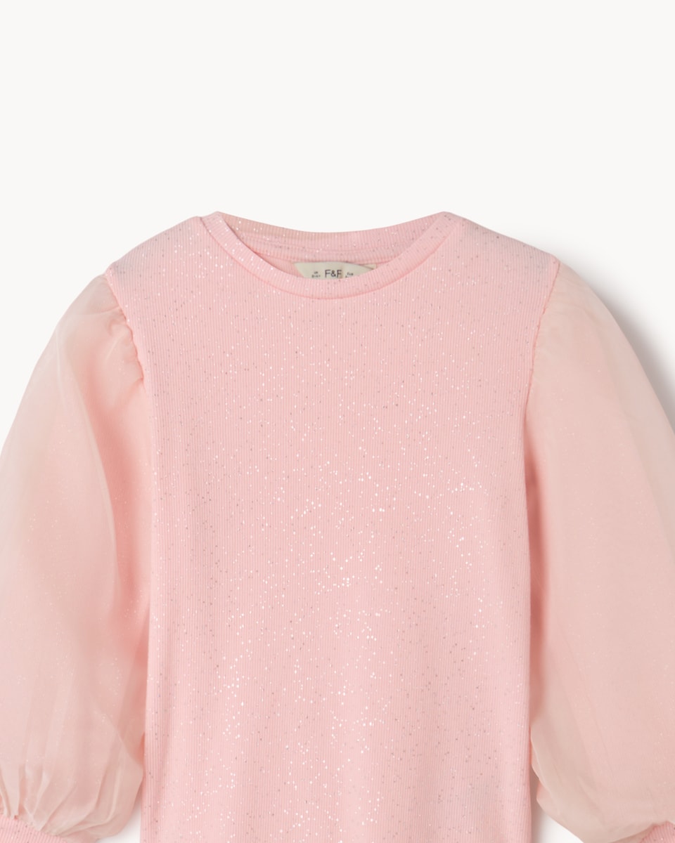 image 1 of F&F Girls Cotton Rich Mesh Sleeved Top in Pink
