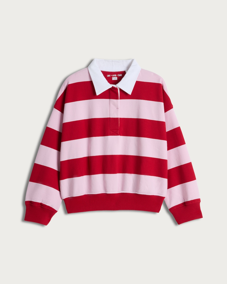 image 1 of F&F Girls Pure Cotton Stripe Print Collared Rugby Shirt in Pink