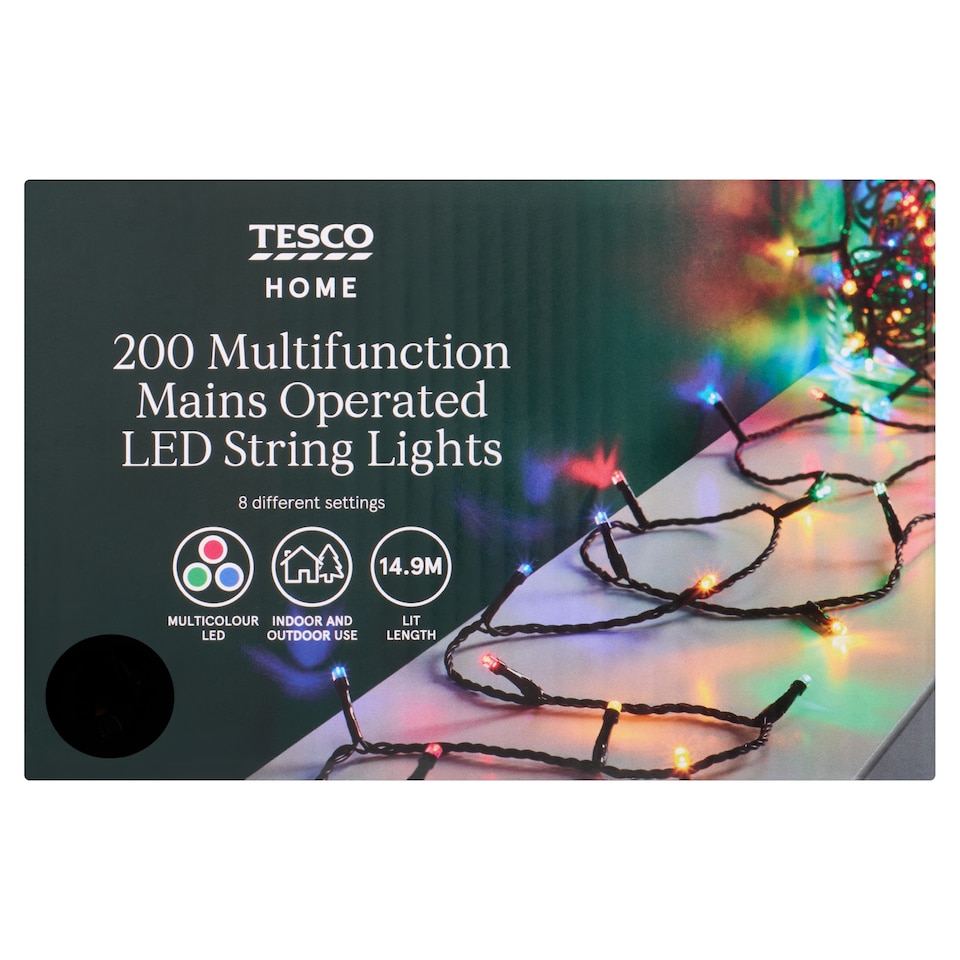 image 1 of Tesco 200 Multifunction Mains Operated Multicoloured String LED Christmas Lights 14.9M