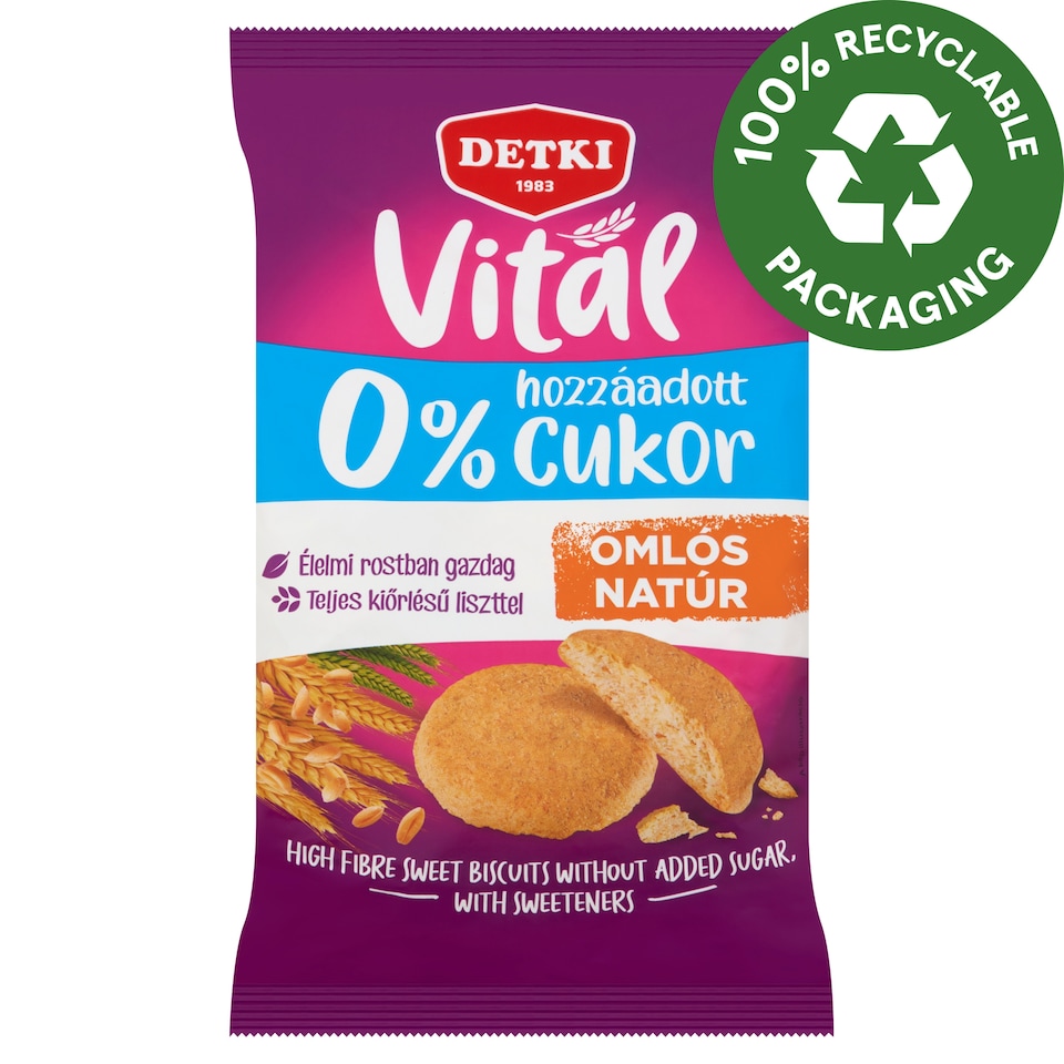 Detki Vital édes omlós natúr keksz hozzáadott cukor nélkül, édesítőszerekkel 180 g 1. kép