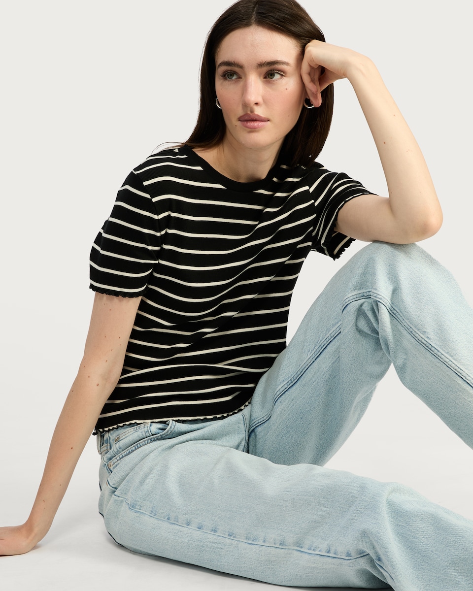 image 1 of F&F Striped Ribbed Lettuce Hem T-Shirt in Multi Brown