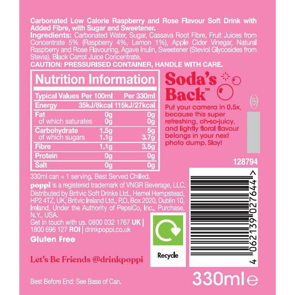 image 1 of Poppi Raspberry & Rose Soda Can 330ml 