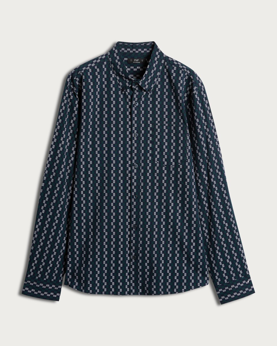 image 1 of F&F Cotton Rich Geometric Print Long Sleeved Shirt in Green