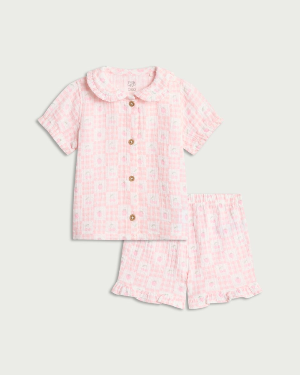 image 1 of F&F Baby 2-Piece Pure Cotton Frill Trim Shirt and Shorts Pyjama Set in Pink