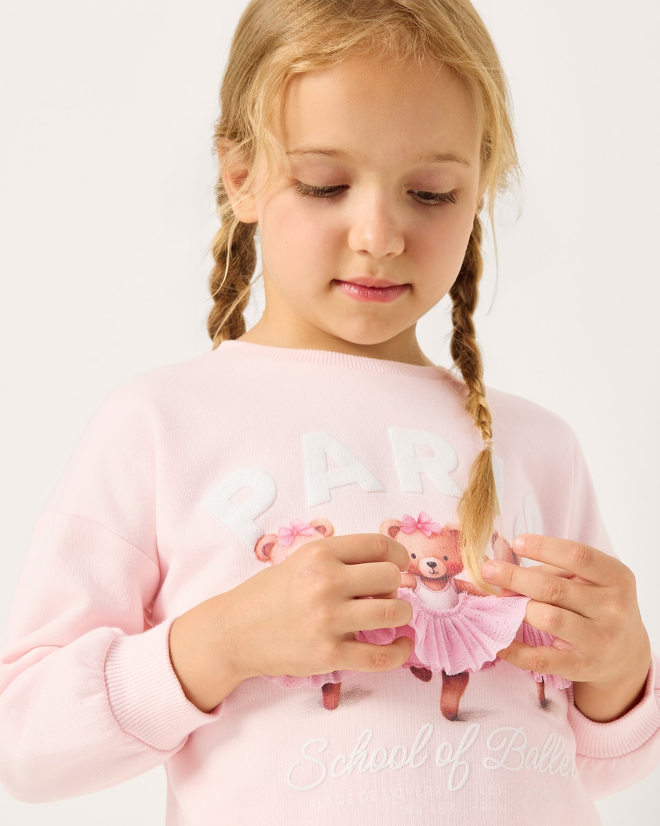 image 1 of F&F Girls 2-Piece Cotton Rich Bear Ballerina Print Sweatshirt and Joggers Set in Multi Pink