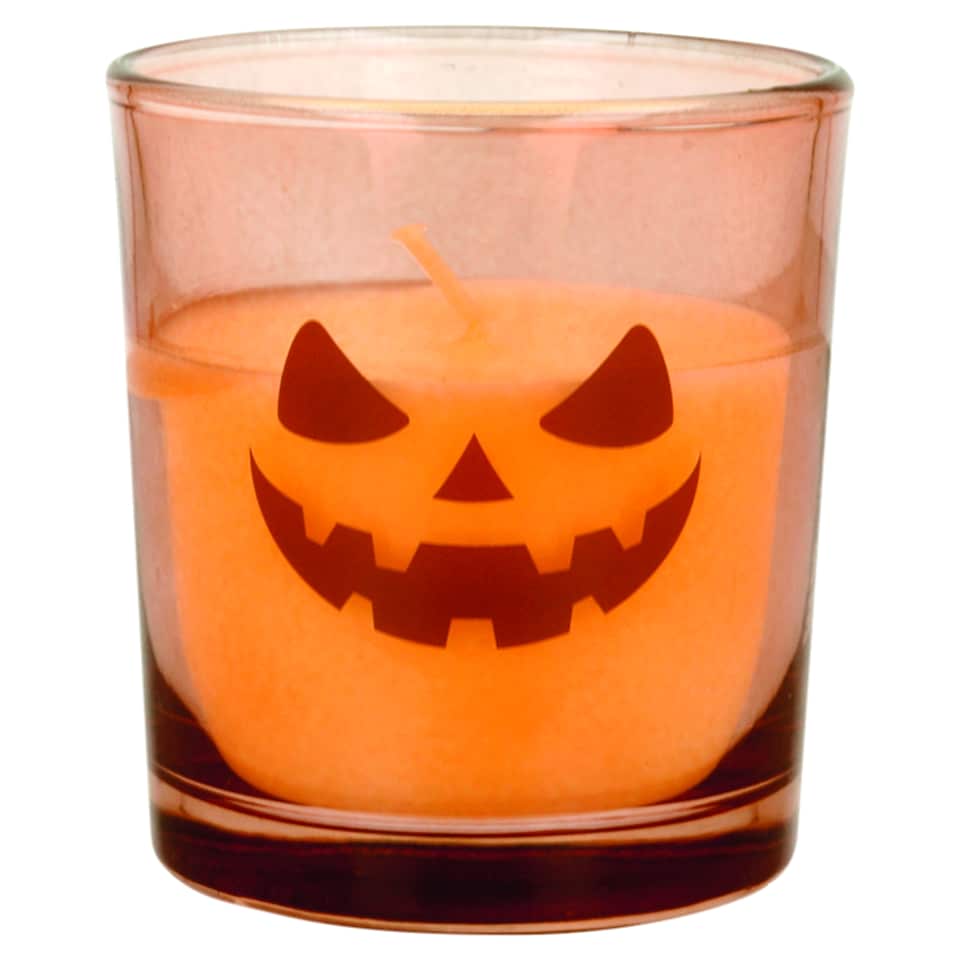 Tesco Halloween szörny matricás, narancssárga, illatosított gyertya 95 g
