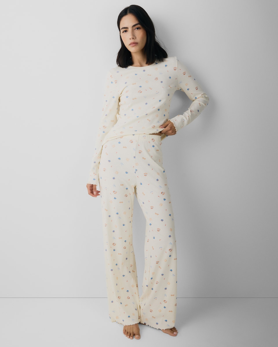 image 1 of F&F Cotton Rich Ribbed Book Club Print Pyjama Set in Cream
