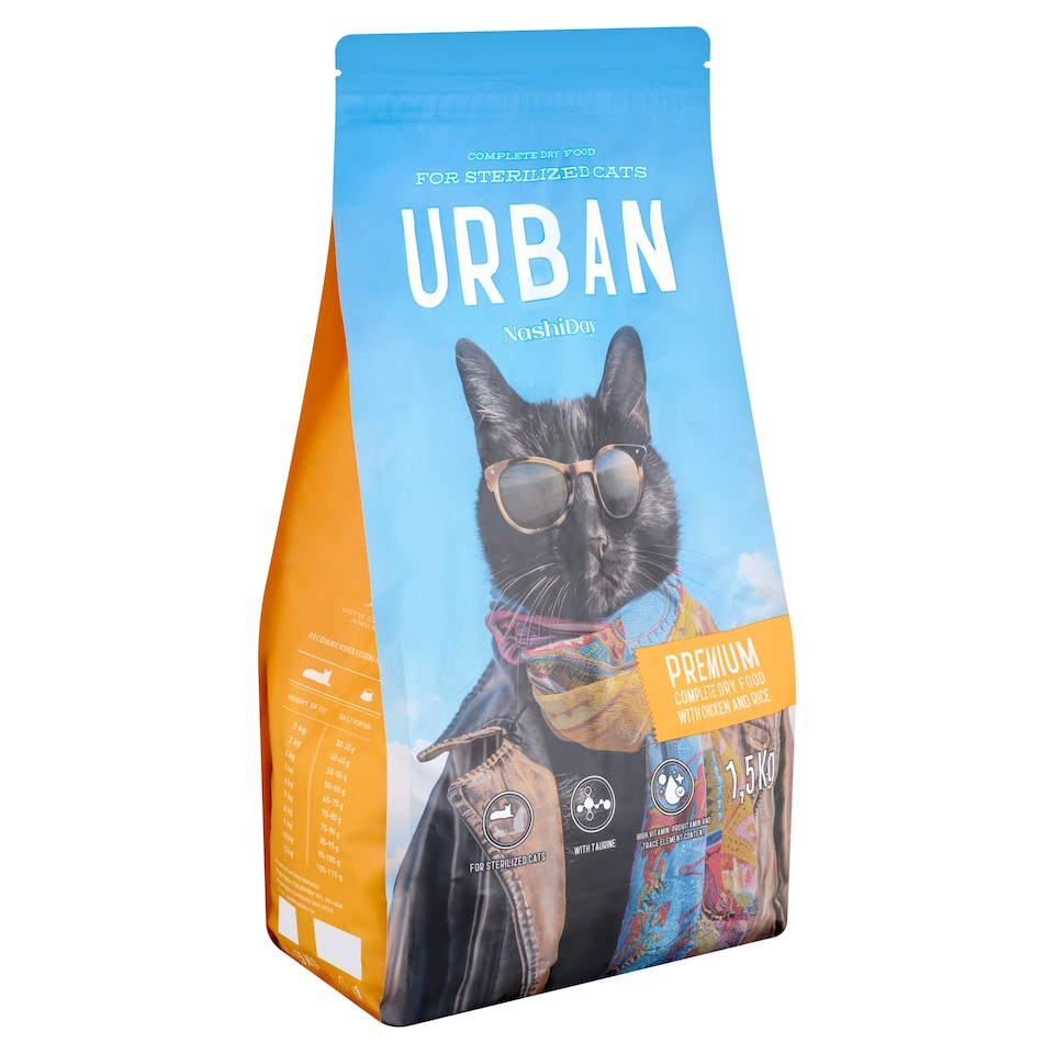 NashiDay Urban teljes értékű száraz állateledel ivartalanított macskáknak csirkével, rizzsel 1,5 kg  1. kép