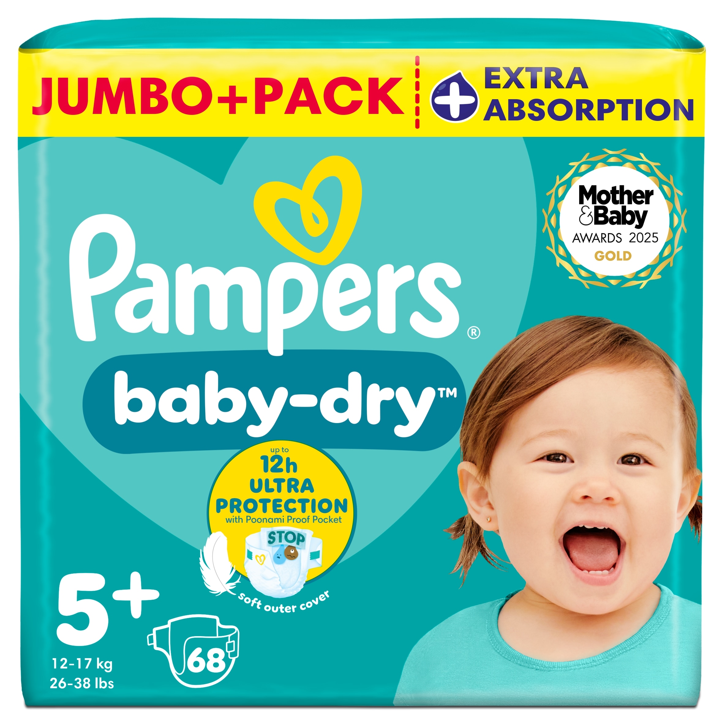Pampers Baby Dry Size 5+ Jumbo+ Pack 68 Nappies