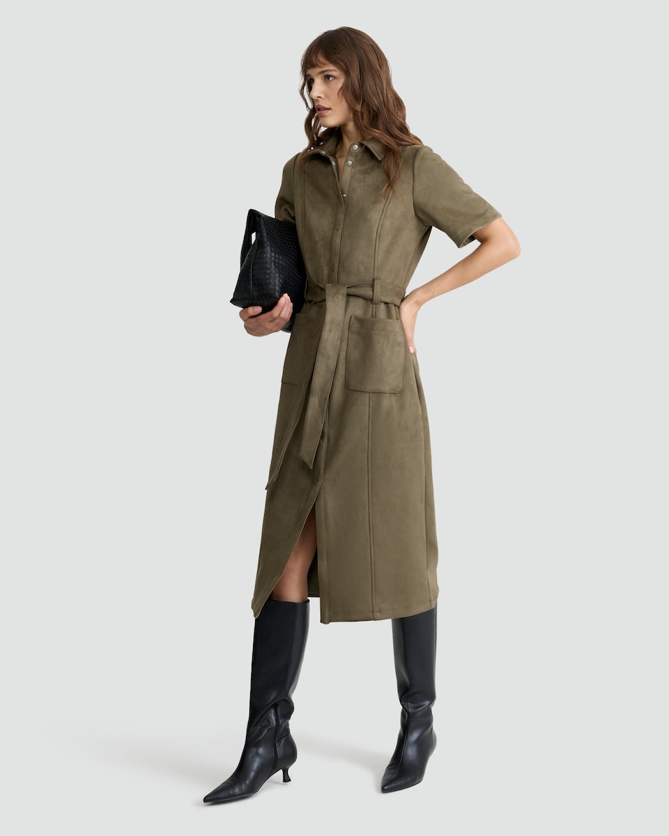 image 1 of F&F Faux Suede Belted Button Through Midi Dress in Olive