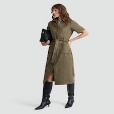 F&F Faux Suede Belted Button Through Midi Dress in Olive